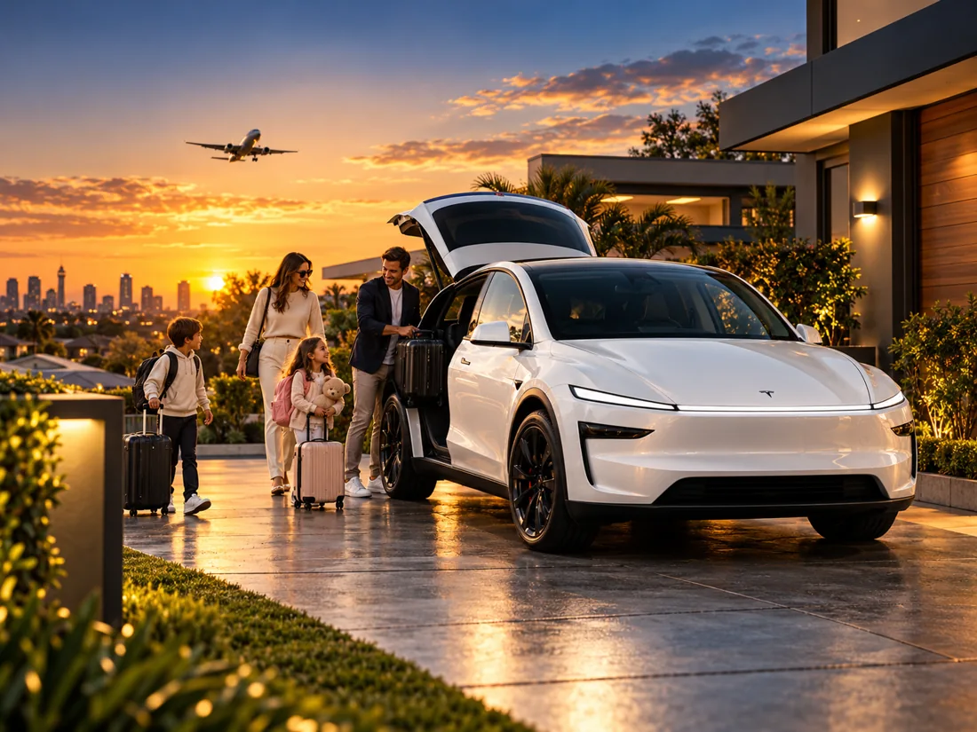 Family preparing for an airport transfer with luggage