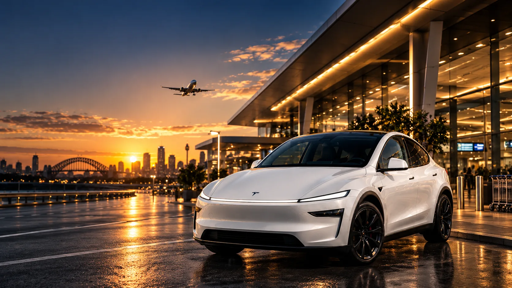 Premium white Tesla Model Y at Sydney Airport at sunset