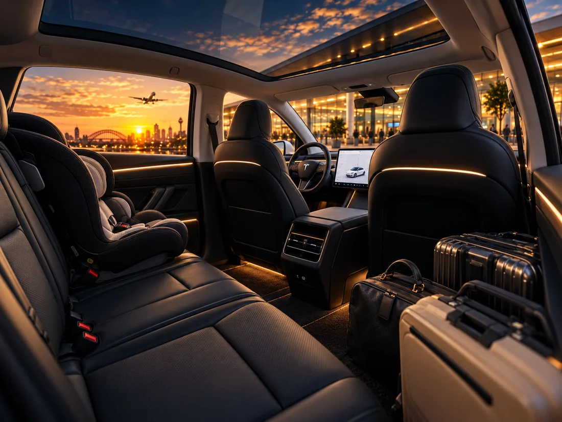 Premium Tesla-style interior with child seat