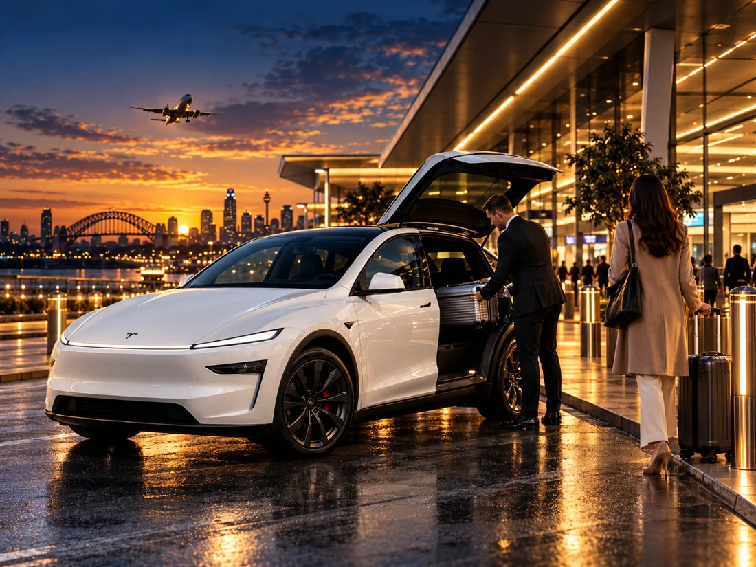 Airport luggage assistance with white electric SUV